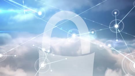 Digital-animation-of-network-of-connections-over-security-padlock-icon-against-clouds-in-blue-sky