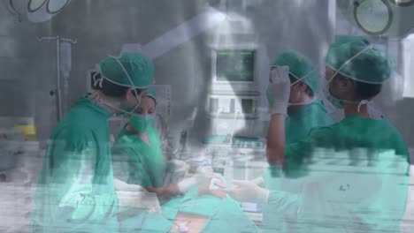 Team-of-surgeons-performing-surgery-at-hospital-against-time-lapse-of-people-walking