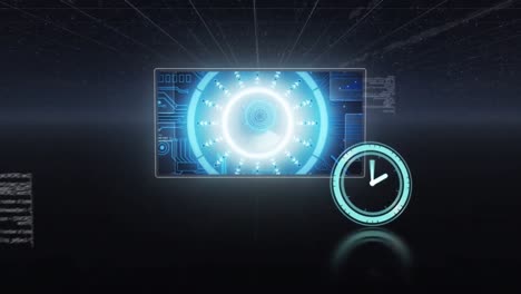 Neon-Digitaluhr-Tickt-Vor-Rundem-Scanner-Und-Datenverarbeitung-Auf-Blauem-Hintergrund