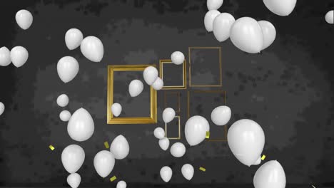 Golden-confetti-falling-and-white-balloons-floating-against-multiple-frames-on-black-background