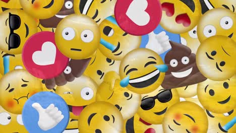 Animation-Fallender-Emojis-über-Einer-Frau,-Die-Ihr-Smartphone-Benutzt