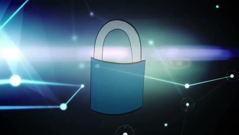 Digital-animation-of-glowing-network-of-connections-over-security-padlock-icon-on-black-background
