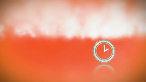 Digitale-Animation-Einer-Neonfarbenen-Digitaluhr,-Die-über-Raucheffekt-Vor-Orangefarbenem-Hintergrund-Tickt