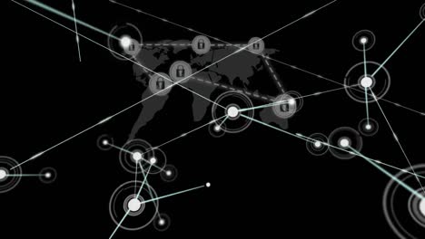Network-of-connections-over-network-of-security-padlock-icons-against-world-map-on-black-background