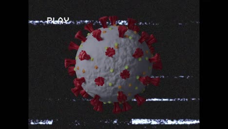 Digitale-Animation-Des-VHS-Glitch-Effekts-über-Sich-Drehenden-Covid-19-Zellen-Vor-Schwarzem-Hintergrund