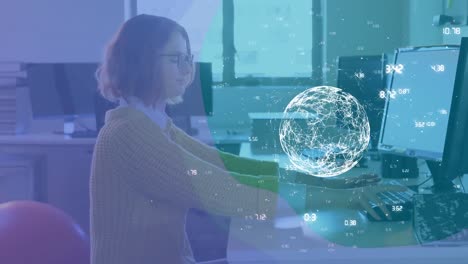 Animation-of-globe-with-network-of-connections-over-businesswoman-using-computer-in-office