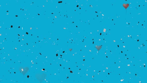 Confetti-falling-and-multiple-heart-shaped-balloons-falling-against-blue-background