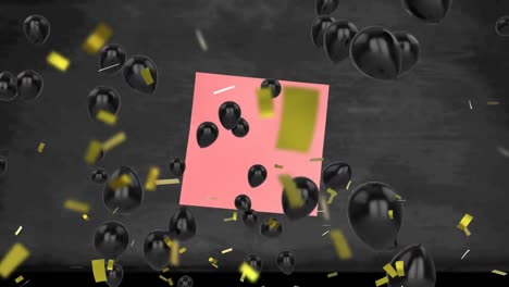 Golden-confetti-falling-and-multiple-black-balloons-floating-over-pink-memo-note-on-black-background
