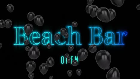 Multiple-black-balloons-floating-over-neon-blue-beach-bar-open-text-signboard-on-black-background