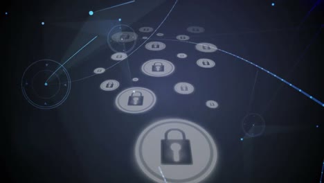 Digitale-Animation-Eines-Netzwerks-Von-Verbindungen-über-Mehrere-Sicherheitsvorhängeschloss-Symbole-Auf-Blauem-Hintergrund