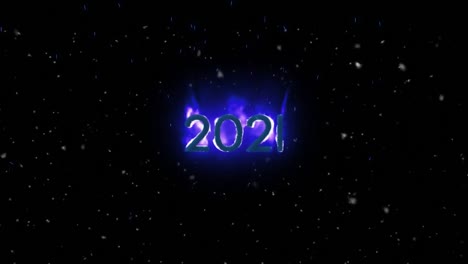 Animation-of-purple-flaming-number-2021,-with-falling-snow,-on-black-background