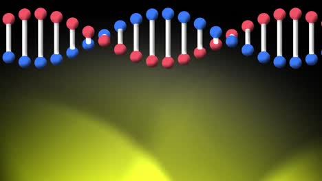 Animation-of-rotating-dna-strand,-with-yellow-spotlights-on-black-background