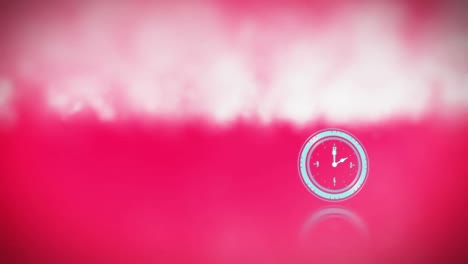 Digitale-Animation-Einer-Neonfarbenen-Digitaluhr,-Die-über-Raucheffekt-Vor-Rosa-Hintergrund-Tickt