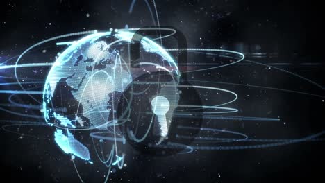Digitale-Animation-Des-Sicherheitsvorhängeschloss-Symbols-über-Lichtspuren-über-Einem-Sich-Drehenden-Globus-Auf-Schwarzem-Hintergrund
