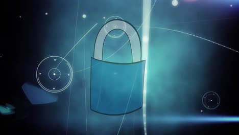 Digitale-Animation-Des-Netzwerks-Von-Verbindungen-über-Das-Sicherheitsvorhängeschloss-Symbol-Auf-Blauem-Hintergrund