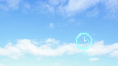 Digitale-Komposition-Einer-Neonblauen-Digitaluhr,-Die-Gegen-Wolken-Am-Blauen-Himmel-Tickt