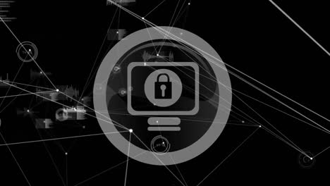 Digital-animation-of-network-of-connections-over-security-padlock-icon-on-black-background