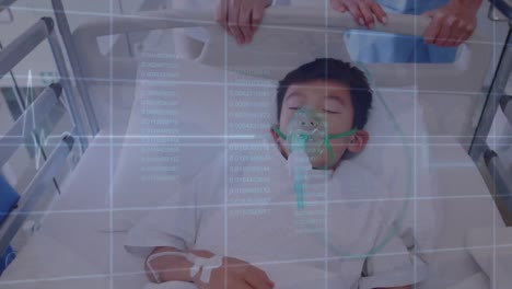 Statistical-and-medical-data-processing-over-asian-boy-in-oxygen-lying-on-bed-at-hospital