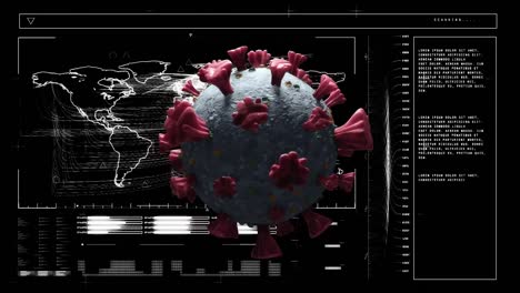 Digitale-Animation-Einer-Covid-19-Zelle-über-Digitale-Schnittstelle-Mit-Datenverarbeitung-Auf-Schwarzem-Hintergrund