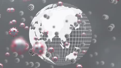 Digitale-Animation-Mehrerer-Covid-19-Zellen,-Die-Vor-Grauem-Hintergrund-über-Einem-Sich-Drehenden-Globus-Schweben