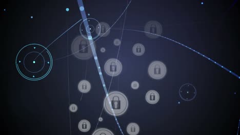 Digital-animation-of-network-of-connections-over-multiple-security-padlock-icons-on-blue-background