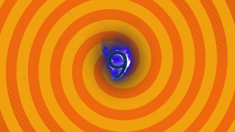 Digital-animation-of-flame-effect-over-number-nine-against-spinning-spirals-on-yellow-background
