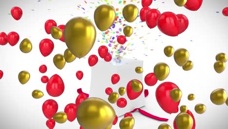 Animation-of-red-and-gold-balloons-over-gift-box-opening,-releasing-colourful-confetti