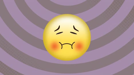 Digitale-Animation-Von-Emojis-Mit-Krankem-Gesicht-Vor-Sich-Drehenden-Spiralen-Auf-Violettem-Hintergrund