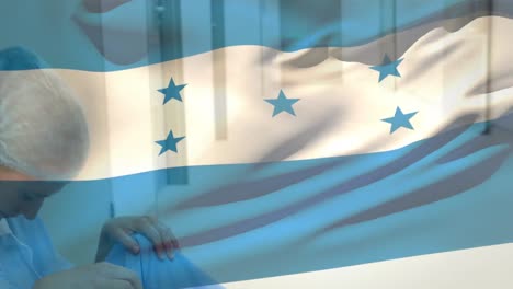 Digital-composition-of-honduras-flag-waving-over-stressed-caucasian-female-health-worker-at-hospital