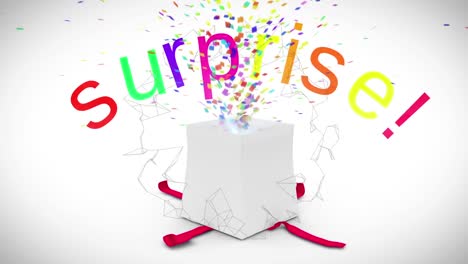 Animation-of-rotating-network-over-gift-box-opened-releasing-colourful-surprise-text-and-confetti