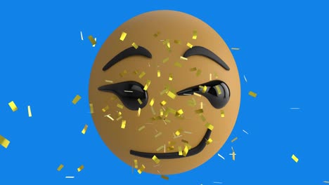 Digital-animation-of-golden-confetti-falling-over-smirk-face-emoji-against-blue-background