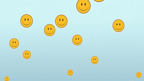 Digital-animation-of-multiple-smiling-face-emojis-floating-against-blue-gradient-background