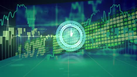 Reloj-Digital-De-Neón-Corriendo-Sobre-El-Procesamiento-De-Datos-Del-Mercado-De-Valores-Contra-Fondo-Verde