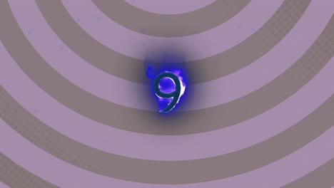 Digital-animation-of-flame-effect-over-number-nine-against-spinning-spirals-on-purple-background