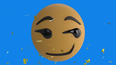 Digital-animation-of-golden-confetti-falling-over-smirk-face-emoji-against-blue-background