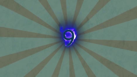 Digital-animation-of-blue-flame-effect-over-number-nine-against-radial-rays-on-green-background