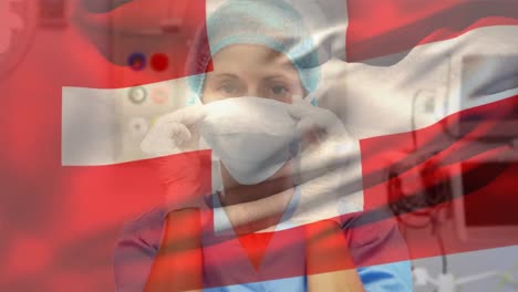 Bandera-De-Suiza-Ondeando-Sobre-Una-Trabajadora-De-La-Salud-Con-Mascarilla-En-El-Hospital