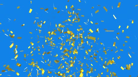 Digital-animation-of-golden-confetti-falling-over-abstract-geometric-shapes-against-blue-background