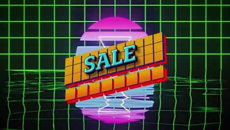 Animation-of-sale-text-over-squares-and-retro-neon-grid-background