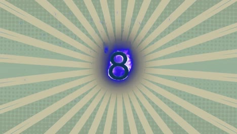 Digitale-Animation-Des-Blauen-Flammeneffekts-über-Nummer-Acht-Vor-Radialen-Strahlen-Auf-Grünem-Hintergrund