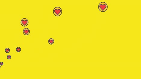 Digital-animation-of-multiple-red-heart-icons-floating-against-yellow-background