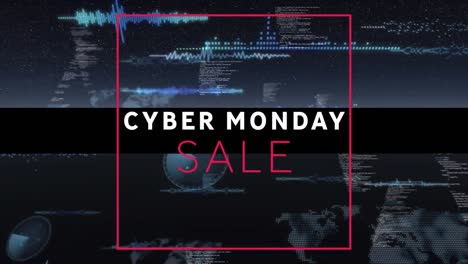 Cyber-monday-sale-text-banner-against-round-scanners-and-data-processing-on-black-background