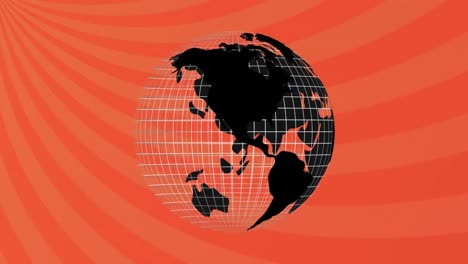 Digitale-Animation-Des-Sich-Drehenden-Globussymbols-Vor-Bewegten-Radialstrahlen-Auf-Orangefarbenem-Hintergrund