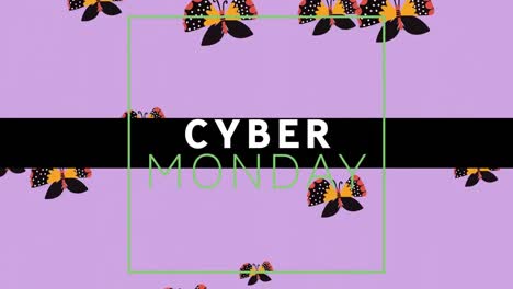 Digitale-Animation-Eines-Cyber-Monday-Textbanners-Vor-Mehreren-Schmetterlingssymbolen-Auf-Violettem-Hintergrund