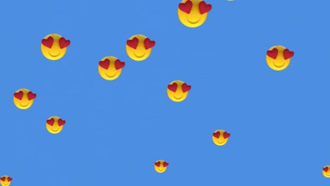 Digitale-Animation-Mehrerer-Herz-Augen-Gesichts-Emojis,-Die-Vor-Blauem-Hintergrund-Schweben