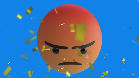 Digital-animation-of-golden-confetti-falling-over-angry-face-emoji-against-blue-background