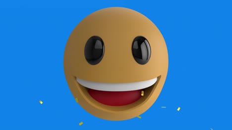 Digitale-Animation-Von-Goldenem-Konfetti,-Das-über-Lächelndes-Gesichts-Emoji-Vor-Blauem-Hintergrund-Fällt