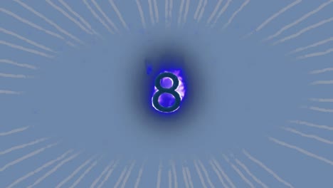 Digitale-Animation-Des-Blauen-Flammeneffekts-über-Nummer-Acht-Vor-Radialen-Strahlen-Auf-Blauem-Hintergrund
