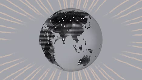 Digital-animation-of-spinning-globe-icon-against-moving-radial-rays-on-grey-background