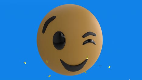 Digital-animation-of-golden-confetti-falling-over-winking-face-emoji-against-blue-background